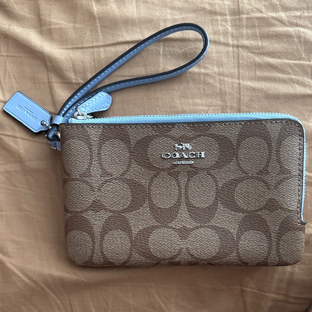 Coach Brown Signature Wristlet with Light Blue Lining and Trim